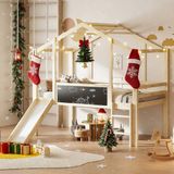 MODFU Bedframe 90x200 cm – Massief hout – Huisstijl met glijbaan & krijtbord – Ruimtebesparend – Kindvriendelijk