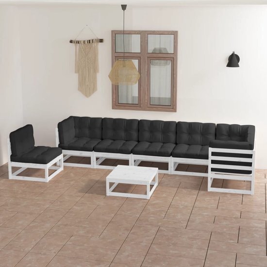 The Living Store Loungeset Grenenhouten Tuinset - 70x70x67 cm - Wit - Antraciet Kussen