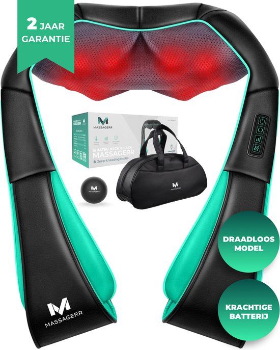 Massagerr® Shiatsu Massagekussen 2.0 - Draadloos - Nekmassage Apparaat - Incl. Draagtas en Stressbal - Massage Apparaat voor Rug, Nek en Schouder - Infrarood Warmtefunctie - Rugmassage - Massageapparaten