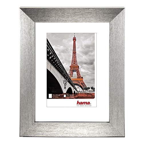 Hama Kunststof frame"Paris" (frame 13 cm x 18 cm, rand 20 mm x 15 mm, voor beeldformaat 9 cm x 13 cm, spiegelglas, polystyreen (PS), met haak en voet) zilver