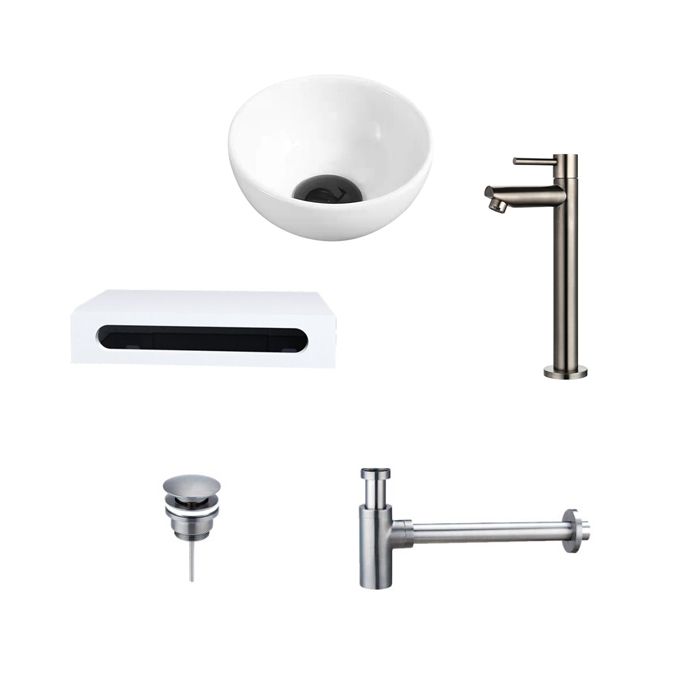 Waskom Keramisch Wit Rond 40x22x8 cm met Planchet, Kraan, Afvoer en Sifon Gun Metal