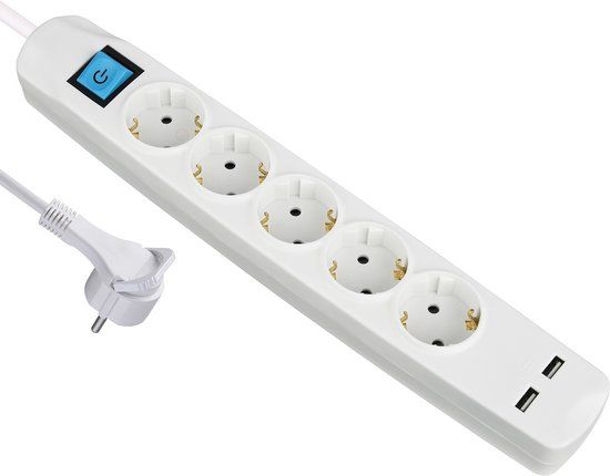 MaxTrack Stekkerdoos - 5 contacten, 2x USB, Wit, 3 meter