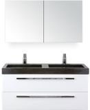 BES LED Seville Badmeubelset 120 cm - 2 Laden Wit Hoogglans - Wastafel Lucca Dubbel met Spiegelkast