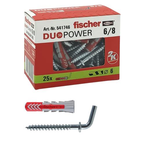 Fischer 25 Duopower pluggen met korte haak, 6 x 30 mm, universeel, voor massieve wand, geperforeerde baksteen, gipsplaat, 541746