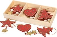 Bellatio Decorations G. Wurm Gmbh + Co. Kg Set van 12x rode houten kersthangers sterren, hartjes, kerstboompjes 10 cm