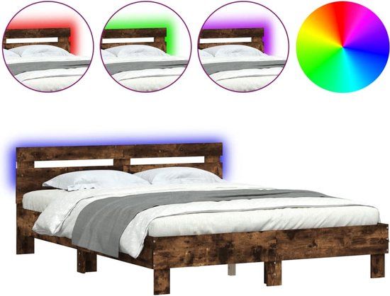 vidaXL Bedframe met hoofdeinde en LED, gerookt eikenkleurig, 150x200 cm