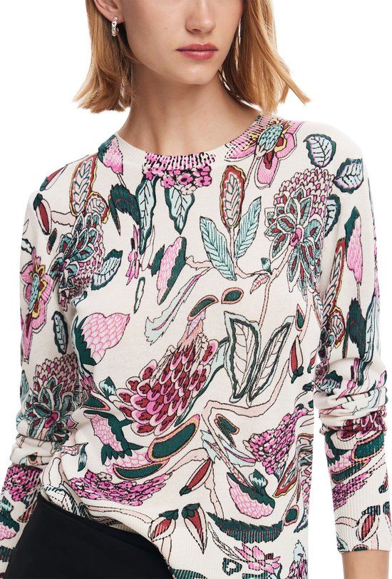 Witte Gebreide Trui Met Ronde Hals - Maat M - Wol - Lange Mouw - Casual - Vrouwen