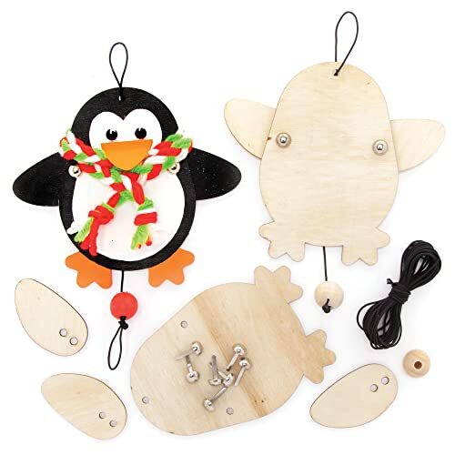 Baker Ross FE771 Penguin houten poppensets - pakket van 5, poppen voor kinderen om te versieren en te spelen, maak je eigen bewegende poppen