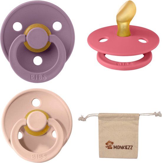 Bibs Dental fopspenen Anatomical 0-6 maanden - Set 3 stuks - Mauve, Coral, Blush + Monkiezz speenzakje