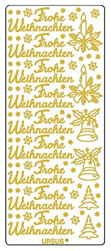 Ursus 59300058 creatieve stickers, Vrolijk kerstfeest 1, goud, 5 vellen, zelfklevend, ideaal voor het maken van kaarten en het decoreren van geschenken, stickervel ca. 10 x 23 cm