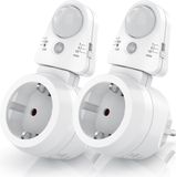 BEARWARE Tussenaansluiting bewegingsmelder met timer, stopcontact, lichtsensor, infraroodsensor, bewegingssensor, set van 2, sensorunit 180° draaibaar, 1, 5, 10 minuten, 10A, 2300W