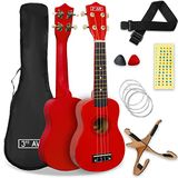 3rd Avenue Sopraan Ukulele Pack 53 cm voor beginners – hoes, standaard, riem, touwen, plectrums en markeringen, rood