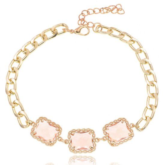 Deja Jewels Enkelband dames verstelbaar goudkleurig en roze met glassteen
