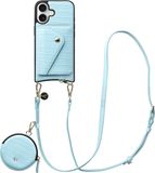 AVY Leren Hoesje geschikt voor Apple iPhone 16 | Met Koord, Wallet en Pouch | Compatibel met MagSafe | Leather Case met 130CM Koord | Long Leather | Croco Blauw