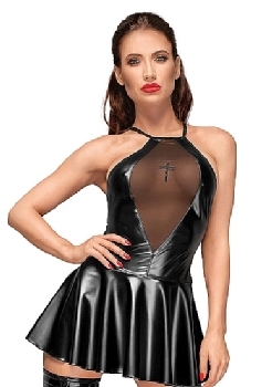 DECADENCE - Wetlook flared mini dress with embroided cross