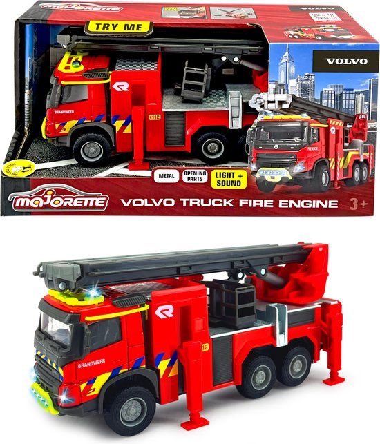 Majorette Grand Series - Volvo FMX Brandweerwagen BE - Metaal - Licht en Geluid - 19 cm - Speelgoedvoertuig