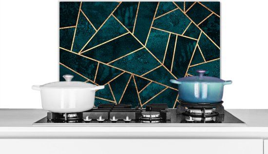 KitchenYeah Spatscherm keuken - Blauw - Luxe - Goud - Edelstenen - Patroon - 70x50 cm - Aluminium