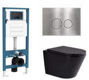 QeramiQ Dely Toiletset - inbouwreservoir Qeramiq Flush - 35mm zitting - metaal RVS bedieningsplaat - ronde knoppen - mat zwart