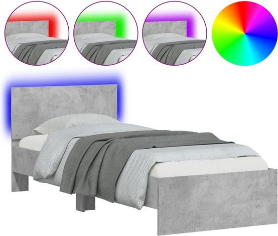 vidaXL Bedframe met hoofdbord en LED-verlichting, betongrijs, 90x190 cm