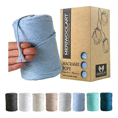 MERIWOOLART MeriWoolArt® Macramé Garen Babyblauw, Macramé Koord 3mm 200m, Enkele Twist, Zacht Macramé Koord, 100% Gerecyclede Katoenen Macrame Garen Gekleurd, DIY Macramé Handwerk, Boho Huisdecoratie