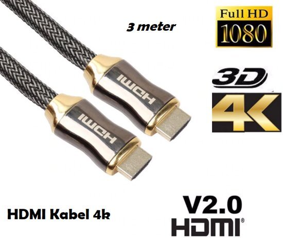 Drphone HDMI Kabel 2.0 Gevlochten Gold Plated - High Speed Cable - 18GBPS - Full HD 1080p - 3D - 4K (60 Hz)- Ethernet - Audio Return Channel - HDMI naar HDMI - Male to Male - Voor TV - Laptop - Tablet - PC - Beeldscherm â€“ Beamer - Playstation - 3M