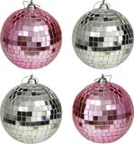 Othmar Decorations Kerstballen disco - 4x st - roze en zilver - 10 cm - kunststof - spiegel kerstballen