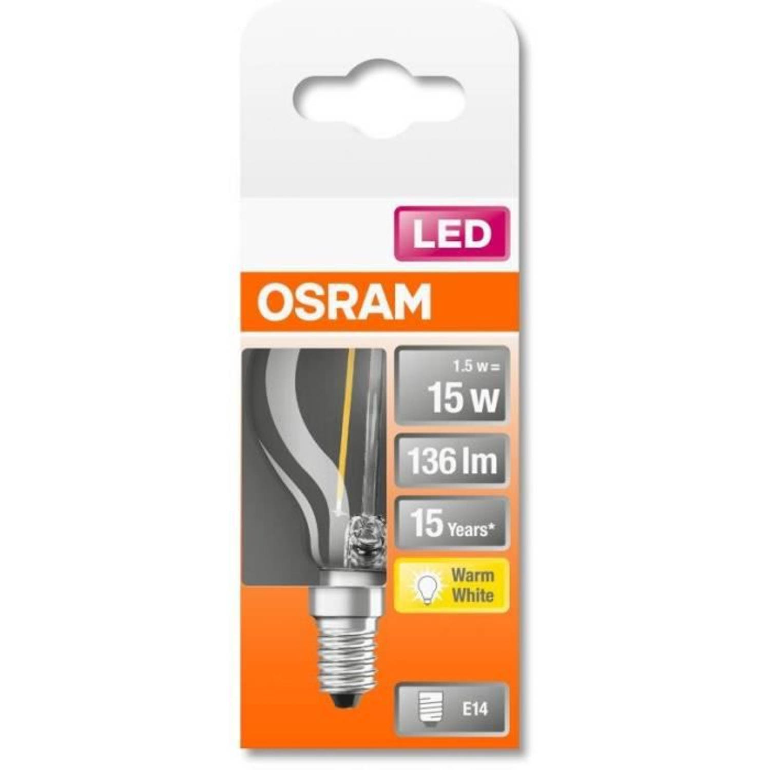 Osram bolvormige led-lamp met helder filament - 1.5w equivalent 15w e14 - warm wit