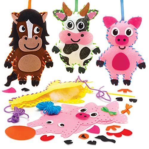 Baker Ross FE539 Boerderijdieren Decoratie Naai Sets - Pakket van 4, Naai set voor Kinderen, Creatieve Activiteiten voor Kinderen, Ideaal Knutselproject