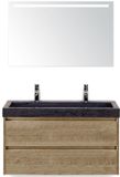 BES LED Dante Badmeubelset 100 cm - Natuur Eiken - Wastafel Hardsteen Wit Lucca 2 Kraangaten met Sence Spiegel