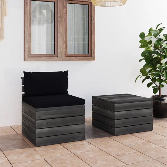 The Living Store Houten Loungeset - Pallet Tuinset - Zwart Kussen - Grenenhout - 60x65x71.5 cm