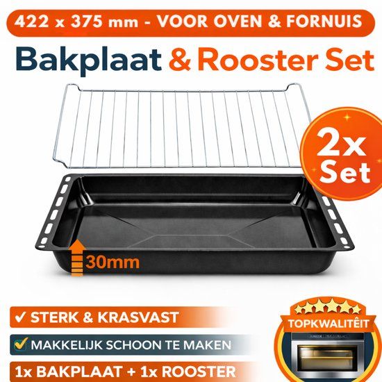 ICQN Bakplaat en Rooster Set voor Oven - 422x375x30 mm - Emaille - 2 Jaar Garantie