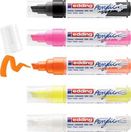 edding 5000 Acrylic Marker Broad - Set of 5 Neon Colors - Chisel Tip 5-10mm - Acrylic Paint for Canvas, Wood - Waterproof