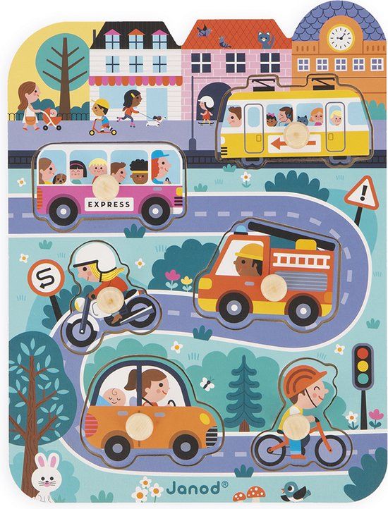 Janod Knoppuzzel - In De Stad - Houten Puzzel Met 6 Stukjes - Vanaf 18 Maanden