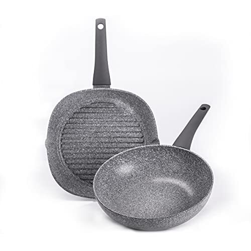 Moneta Sinfonia Set grillpan + wok ook voor inductie, versterkte coating met minerale deeltjes, gemaakt in Italië