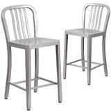 2 Flash Furniture 2 Stuks 61 cm Hoge Zilveren Metalen Krukken op Baliehoogte voor Binnen en Buiten met Rugleuning van Verticale Latten van Zakelijke Kwaliteit