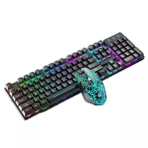 EXHNLE Gaming-toetsenbord en muiscombinatie, Rainbow LED Backlit USB Draadloos toetsenbord, USB Bedraad Backlit Toetsenbord, voor Laptop PC Computerspel en Werk (Kleur: Zwart)