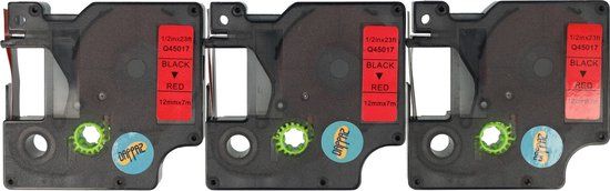 Dappaz - 3x Dymo Compatible Label D1 45017 - Black on Red - 12mm x 7m