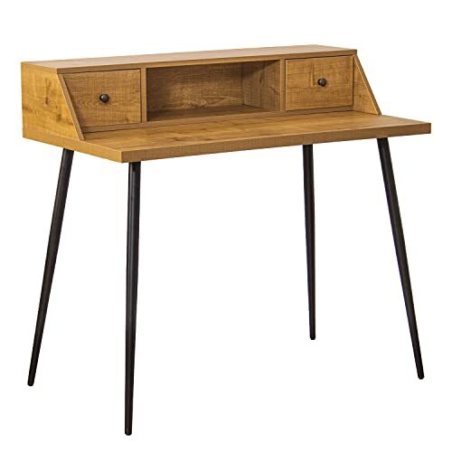 DRW Bureau met 2 laden van hout in naturel en zwart, 100 x 57 x 93 cm, hoogte: 72 cm