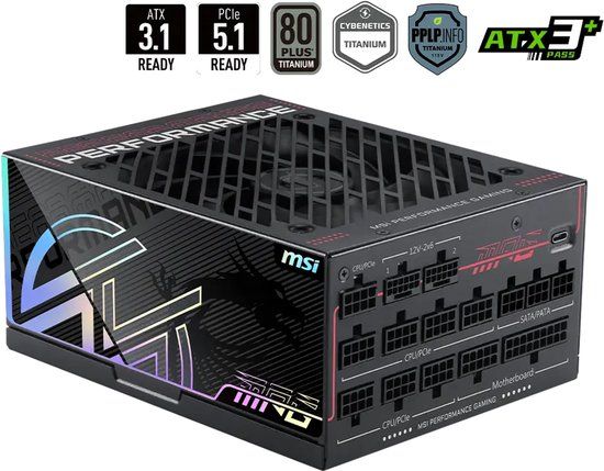 MPG MSI MPG Ai1300TS PCIE5 Voeding 1300W 80 PLUS Titanium Zwart