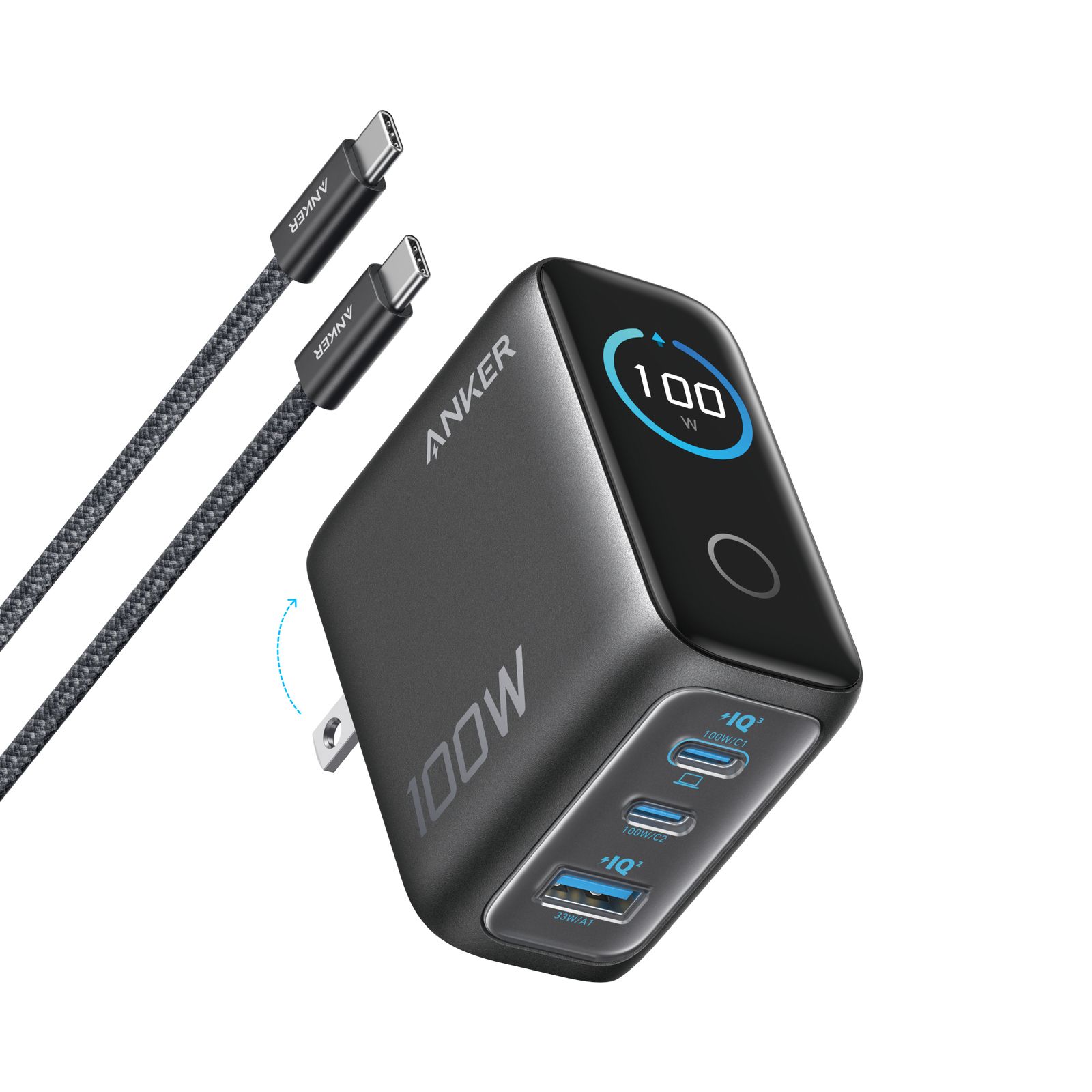 Anker 100W USB C Oplader met 3 Poorten, Slim Display en Touchbediening