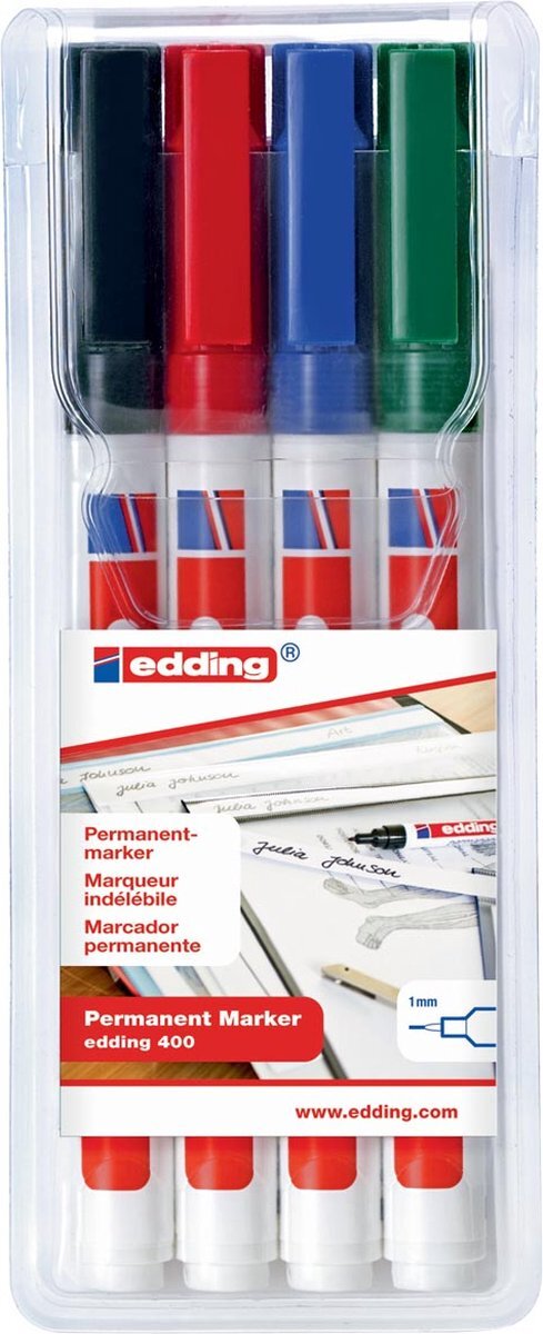 Edding permanent marker 400, etui van 4 stuks in geassorteerde kleuren 10 stuks