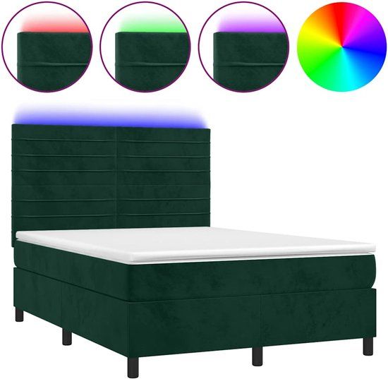 vidaXL Boxspring met matras en LED fluweel donkergroen 140x200 cm