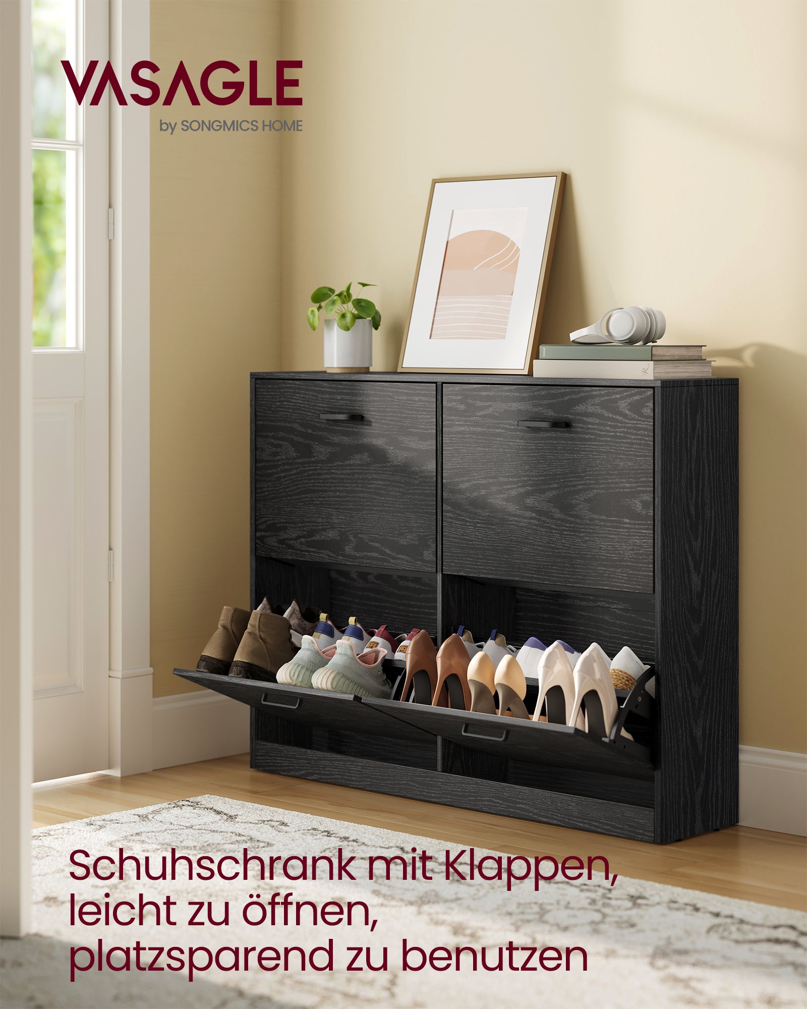 Vasagle Schoenenkast 4 Flaps Schoen Kipper schoenenrek Schoenenopslag Verstelbare scheidingswand voor 16-28 paar schoenen Hal