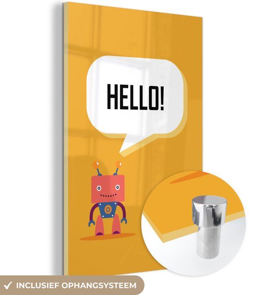 MuchoWow® Glass Painting 100x150 cm - Acrylic Glass Painting - Robot with a speech bubble 'Hello!' against an orange background - Photo on glass - Paintings