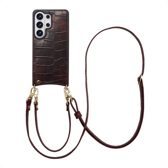 Selencia Hoesje - Geschikt voor Samsung Galaxy S26 Ultra - Croco Backcover met koord en pashouder - Choco Brown