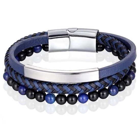 Memphis Heren armband Memphis Tijgeroog kraal gevlochten leer Zilverkleurig Blauw - 19cm