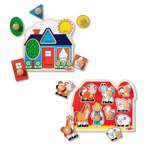 Melissa & Doug - Set van 2 houten Jumbo knoppuzzels - Boerderij & Eerste Vormen