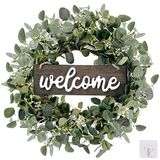 Sggvecsy Groene eucalyptusbladkrans met welkomstbord, 50,8 cm