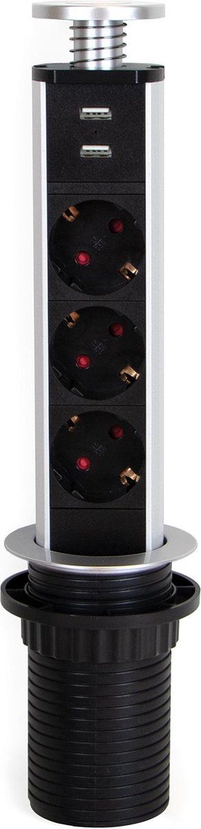 Emuca Inschuifbare multiconnector Vertikal - 3 stekkers en 2 USB - Metallic grijs