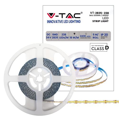 V-tac Ledstrip 5 meter 18 W per meter, SMD 2835, kleur van het licht, warm wit, 3000 K, voor gebruik binnenshuis met plakstrip, stroomvoorziening via 24 volt.